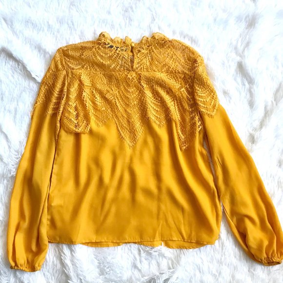 Mustard Yellow Blouse Lace Collar Accent - Picture 2 of 5